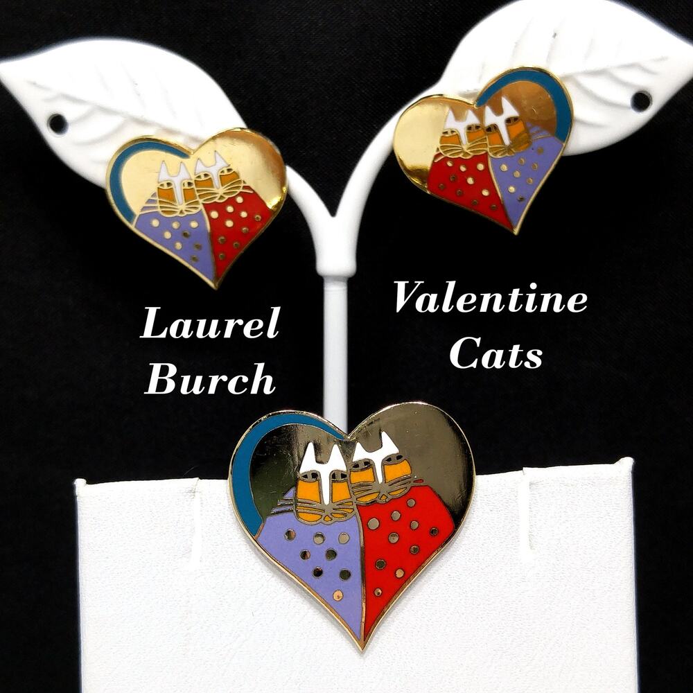 Laurel Burch "Valentine Cats" Brooch & Earrings, Gold Plated, Cloisonné Enamel